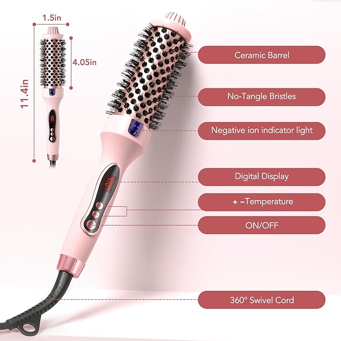 Thermal Brush, 1.5 inch Heated Round Brush Hair Curling Brush for Natural Curl, Straightener and Curler 2 in 1, Negative Ion Technology, 9 Temperature Settings, Dual Voltage for Travel, Pink