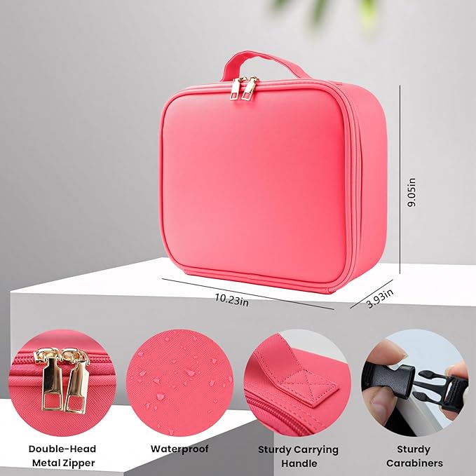 SUILU Travel Makeup Bag with LED Mirror and Light Makeup Travel Bag Organizer Portable Cosmetic Brush Organizer Bag with Adjustable Dividers for Cosmetics Makeup Brushes Toiletry (Light Red)