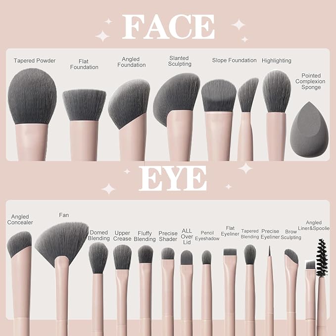 20pcs Pink Essential Makeup Brush Set Professional Powder Concealers Eye shadows Blush Eyeliner Eyebrow Contour Eye blending foundation kit (20pcs brush set)