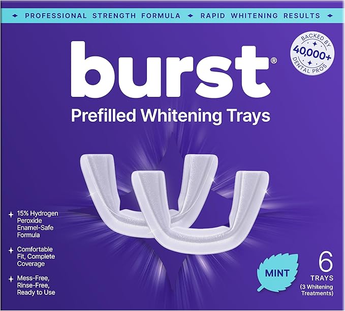 BURST Prefilled Teeth Whitening Trays (6 Trays/3 Treatments) |15% Hydrogen Peroxide for Professional-Level Results | Flexible 360° Teeth Whitening Gel Trays | Aloe, Coconut & Xylitol Blend Teeth Trays