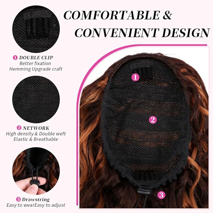 Short Deep Wave Drawstring Ponytail for Women 10 Inch Medium Brown Mixed Light Auburn Curly Hair Extension Deep Curly Wave Hair Pony Tails Hair Extensions for Daily Use (P4/30)