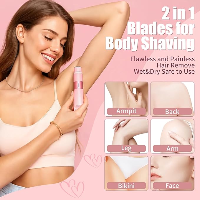Bikini Trimmer for Women - 2 in 1 Painless Electric Razors for Women, IPX7 Waterproof Rechargeable LED Dual Head Electric Shaver for Lady Bikini Underarm, Body, Leg, Face Hair Remove (Pink)