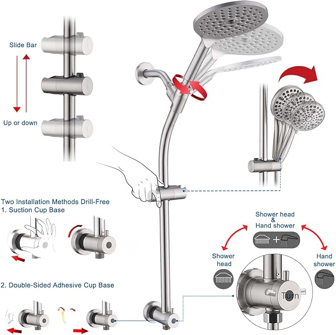 UCLIMAA High Pressure Shower Head with Handheld Shower, 26" Adjustable Height Drill-Free Slide Bar, 3-Way Diverter for Easy Reach, Dual Shower Head Combo Set with 5ft Hose - Brushed Nickel