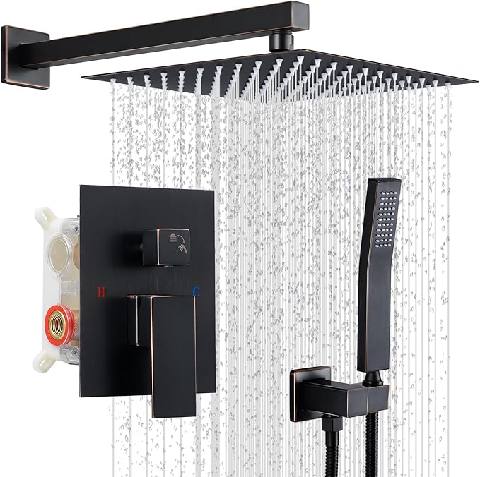 IUERASD Shower Faucet Set, Wall Mount 10 Inch Square Rainfall Shower Head and Handle Set Single Handle Shower System Set with Female Threads Valve Body and Trim Included (Oil Rubbed Bronze)