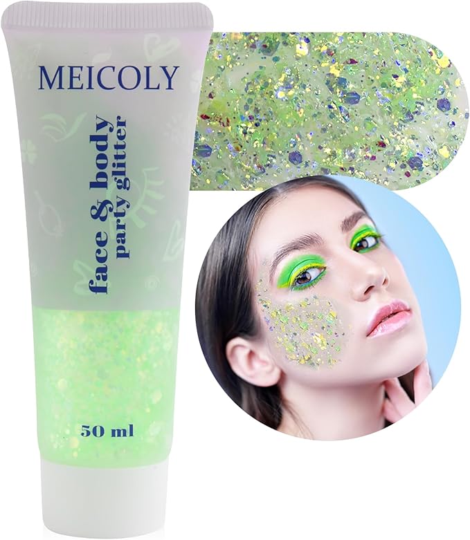 MEICOLY Lime Green Body Glitter,Holographic Chunky Chameleon Face Glitter for Halloween Alien Makeup,Self-Adhesive Color Changing Mermaid Glitter Gel,Glitter for Face Body Hair,Festival Party Cheer