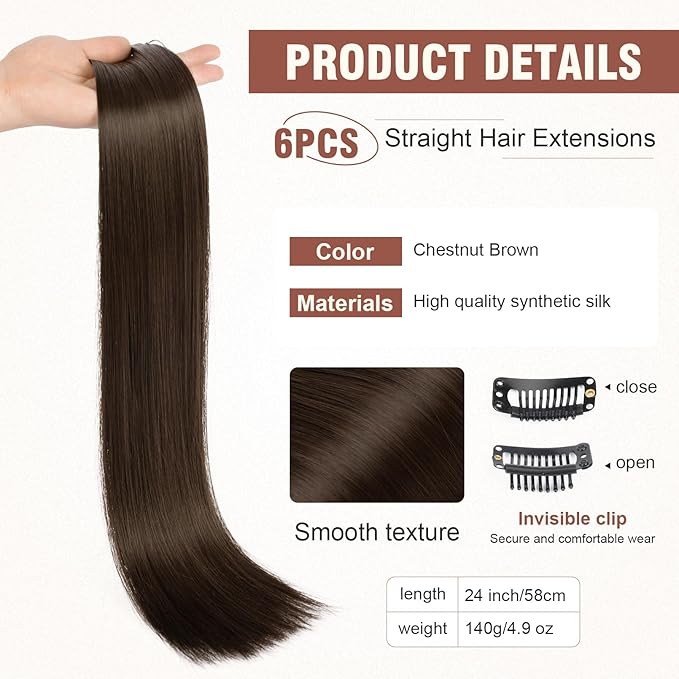 FLUFYMOOZ 6PC Clip in Hair Extensions 24" Straight Long Extensions for Women Synthetic Hairpiece (Chestnut Brown)