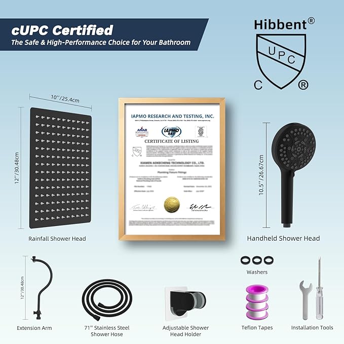 Hibbent 12'' All Metal CUPC Certified Shower Head, High Pressure Rainfall Shower Head, Handheld Showerhead Combo, 12'' Adjustable Extension Arm, 10-Spray, 71'' Hose, Showerhead Holder, Matte Black