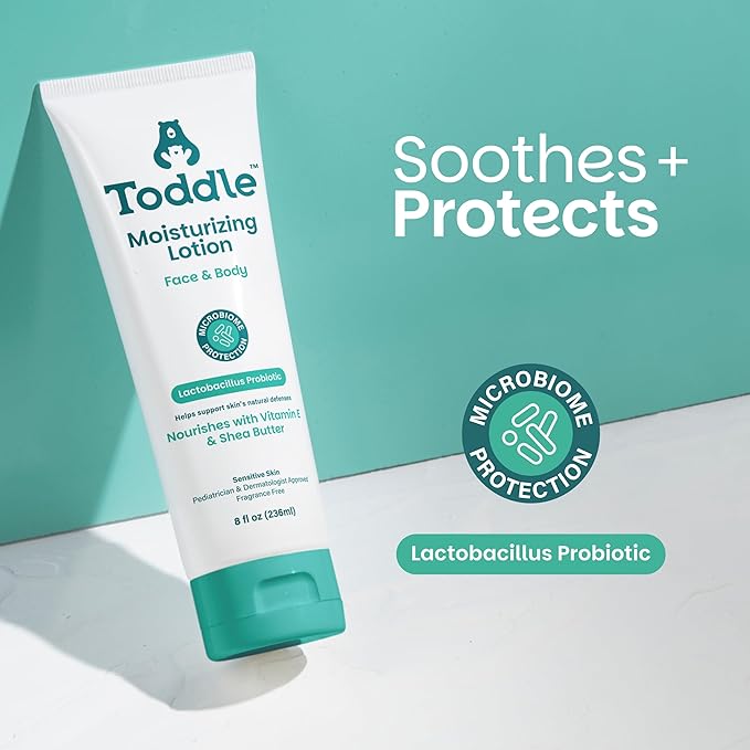 Toddle Probiotic Moisturizing Lotion for Face & Body, Eczema & Dry Skin Relief, Fragrance-Free with Vitamin E, Shea Butter for Sensitive Baby & Kids Skin, Pediatrician-Approved, Travel Size 1.7oz
