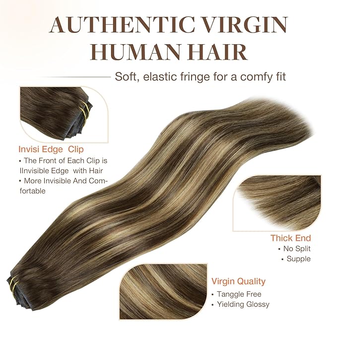 GOO GOO Invisi Edge Clip in Hair Extensions Set, 20inch 150g, 4pcs Injected Seamless PU Clip ins and 3pcs Classical PU Clip ins, Virgin Real Human Hair, #(T4/27) P4