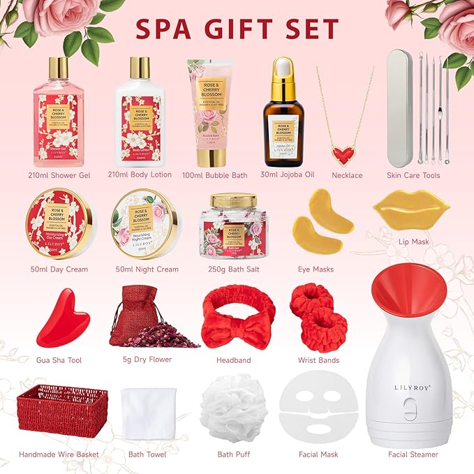 Valentines Day Gifts for Women - 27 Pcs Bath and Body Gifts Basket Set - Rose Spa Gifts Set Skin Care Set for Women, Gift Baskets Set for Mothers Day Mom | Gifts for Birthday, Christmas Gift for Her
