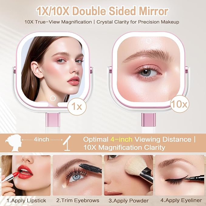 Makeup Mirror with Lights, 1X/10X Magnifying Vanity Mirror with 3 Colors, 2000mAh Rechargeable Double Sided Magnifying Mirror, Height Brightness Adjustable, 360° Rotation Vanity（Rose）