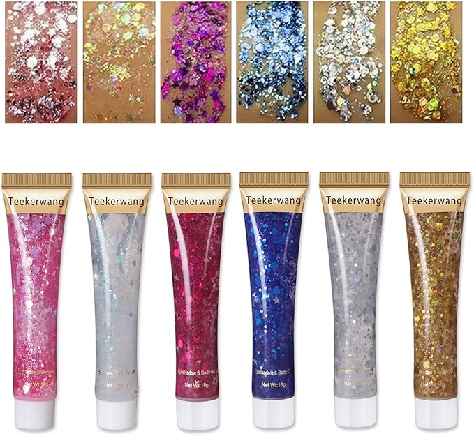 Miss Demi 6 Colors Face Body Glitter, Halloween Hair Glitter Sparkles Chunky Face Glitter Gel, Holographic Glitter Gel Set for Face and Body Makeup, Festival Party Decoration Rave Accessories. (01)