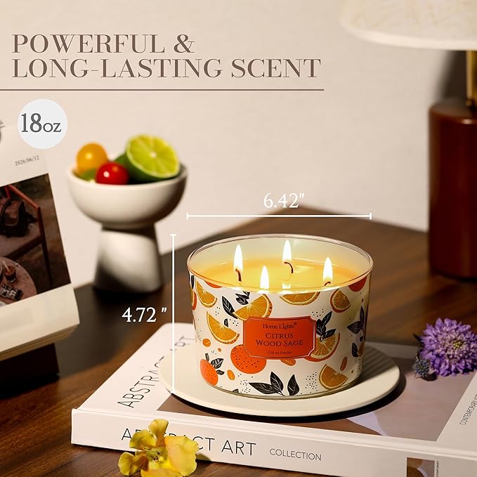 HomeLights Citrus Wood Sage Scented Candles | 18oz Soy Candles Eclectic Mixed Styles 4-Wick Large Candle Jars | Ideal Candle Gifts for Events, Home Decor Stress, Relief & Relaxation