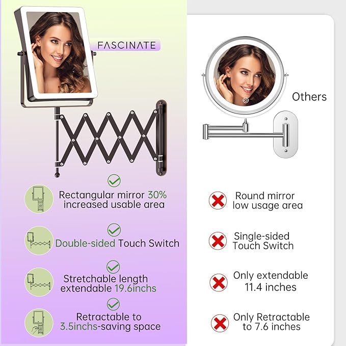 FASCINATE 5000mAh Rechargeable Wall Mounted Makeup Mirror with Lights, 8.7 Inch Double Sided Touch Switch 1X 30X Magnifying Bathroom Mirror, 3 Color Lights Dimmable Extended Arm 360°Rotation (Bronze)