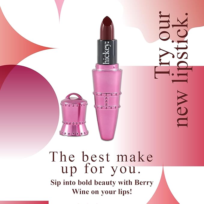 Hickey Lipstick Set, Big Trouble (Berry Wine), Refillable Silver Case with Chain, Satin Pouch & Ribbon (Wearable Necklace), Long Lasting Hydrating Velvet Finish Lipstick for Women, Vegan & Gluten-Free