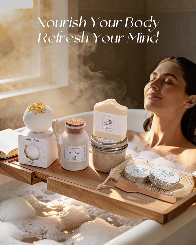 Coralogo Coconut Spa Gifts for Women - 12pc Self-care Spa Gift Basket with Bath Salt, Greeting Card - Thinking of You Basket for Her Birthday, Christmas, Mother's Day, Valentine's Day