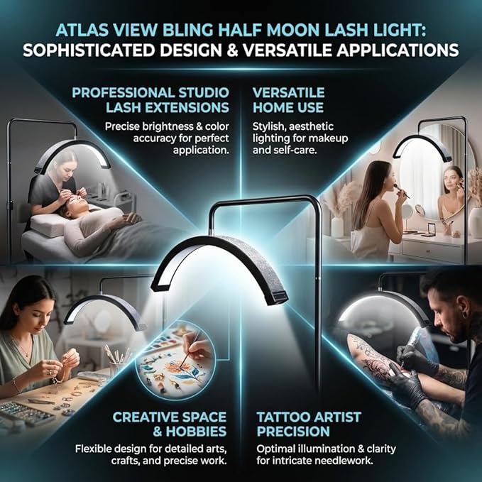 Bling Half Moon Lash Light | Dimmable LED Diamond Esthetician Light for Eyelash Techs - LED Floor Lash Lamp with Adjustable Height, Touch Control & Stable Base | Warm & Cool Tones | Black
