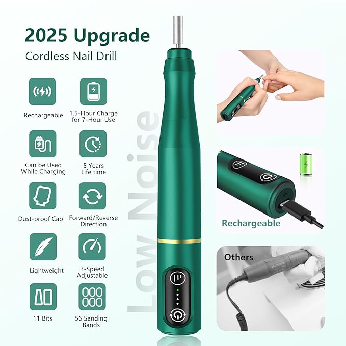 Cordless Nail Drill Electric Rechargeable File Kit, Professional Efile Acrylic Gel Nail Polish Remover Pedicure Manicure Machine Portable Set with 11 Bits 56 Sanding Bands (Blackish Green)