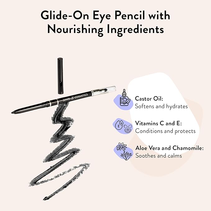 Juwel Cosmetics Retractable Eye Pencil, Smudge Proof Waterproof Eye Pencil with Castor Oil, Aloe Vera, Chamomile & Vitamin E, Smooth, Creamy & Vegan Formula, No Sharpening Needed