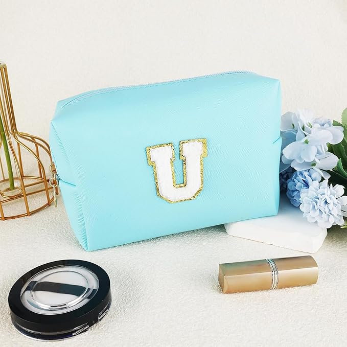 URSKYTOUS Gifts for Girls Initial Makeup Bag Personalized Cosmetic Bag with Zipper Cute Travel Toiletry Bag Waterproof PU Preppy Makeup Pouch Birthday Gift for Teen Girls Women(Blue U)