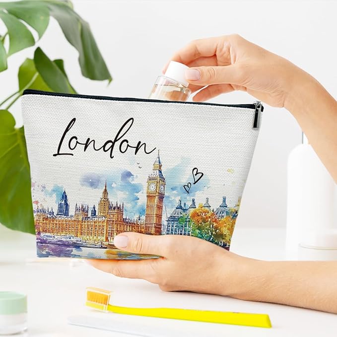 Ythuil London Travel Gifts Makeup Bag, City Travel Watercolor Cosmetic Bag for Purse, London Souvenir Bags, Trip Favors for Traveller Lovers, City Themed Organizer