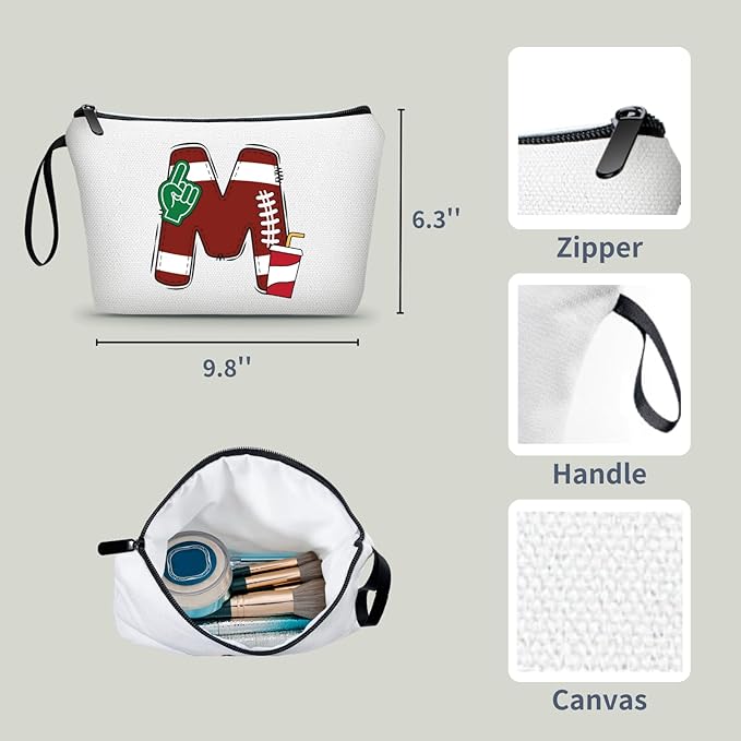 Football Initial Birthday Graduation Gifts Cosmetic Travel Toiletry Bags Football Accessories Party Favors for Women Girls Daughter Niece Team Coach Friends -M