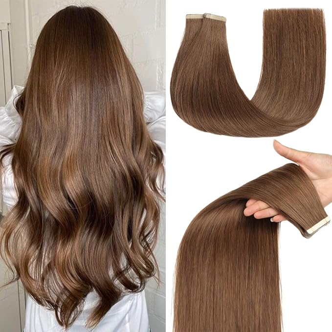 Tape in Hair Extensions Human Hair 20pcs 14 Inches Tape Ins hair extensions for White Women Invisible Seamless Tape In Extensions Skin Weft Medium Brown (6#)