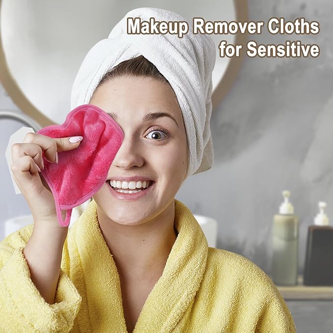KODAMO Makeup Remover Cloth, 12 Pack Reusable Makeup Remover Towels with Washable Travel Bag, Microfiber Face Wash Cloths for Women All Skin Types, Coral/Pink/Green/Grey