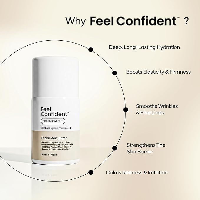 Feel Confident Facial Moisturizer for Men and Women - Plastic Surgeon Formulated with Shea Butter, Hyaluronic Acid, Ceramides, and Antioxidants, Lightweight, Hydrating, Non-Greasy 1.7 fl.oz / 50 mL