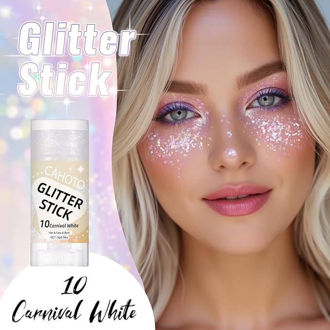 Carnival White Face Body Hair Glitter Stick, Shimmer Stick Gel for Women, Sparkling Holographic Chunky Sequins for Mardi Gras Halloween Party Rave Festival Concert Outfit, 0.56oz