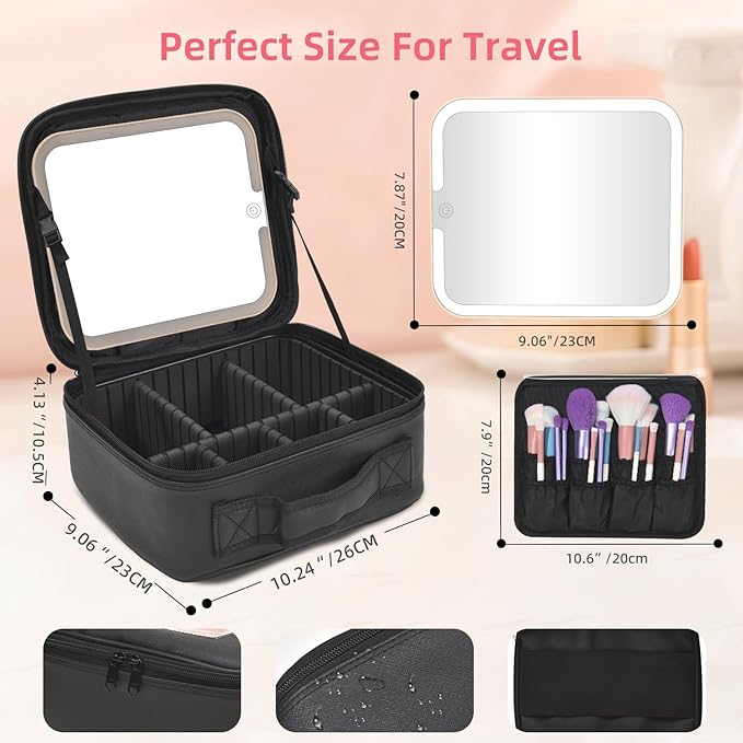 Travel Makeup Bag With LED Mirror,Cosmetic Train Case with 3 Color Setting,Cosmetic Makeup Organizer Bag with Adjustable Dividers,Portable Make up Box with Make up Brushes Holder Storage（Black）