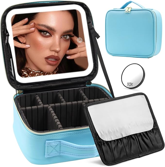 Jadazror Makeup Organizer Bag with Mirror, Lighted Travel Makeup Bag 3 Colors Modes, Cosmetic Bag Make up Organizer with Mirror and Light, Makeup Train Case Portable Cosmetic Storage Case Gifts(Blue)