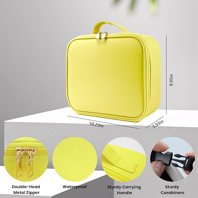 SUILU Travel Makeup Bag with LED Mirror and Light Travel Makeup Case Cosmetic Organizer Portable Cosmetic Brush Organizer Bag with Adjustable Dividers for Cosmetics Makeup Brushes Toiletry (Yellow)