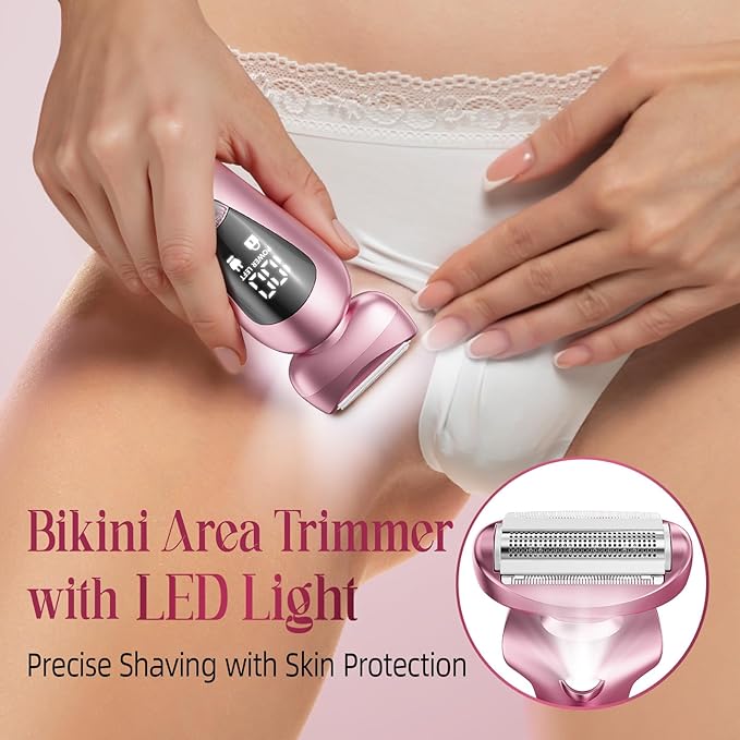 Cordless Electric Razors for Women: Rechargeable Painless Bikini Trimmer for Body Hair - IPX7 Waterproof Shaver with LED Display for Face/Underarm/Leg Light Pink