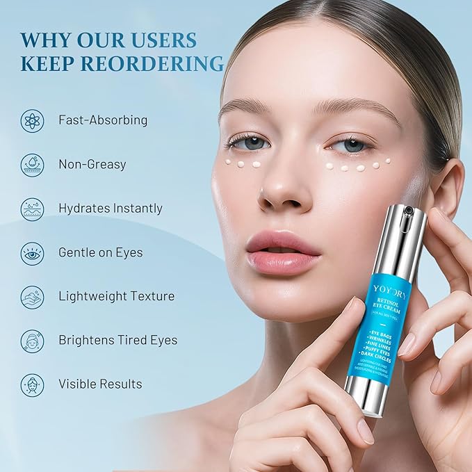 YOYORY Retinol Eye Cream for Eye Bags - Anti-Aging Under Eye Treatment for Dark Circles, Wrinkles,Fine Lines, Puffiness - Hydrating & Moisturizing Skin Care Gift for Men and Women 0.67 fl oz