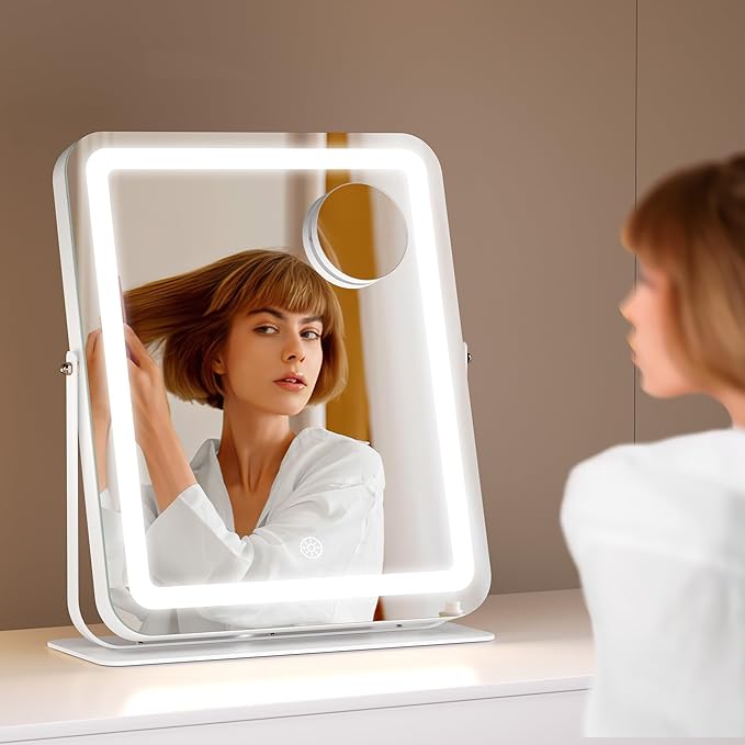Hasipu Makeup Vanity Mirror with Lights, 12" L x 14" W LED Tabletop Make up Mirror for Desk, Lighting & Brightness Adjustment, 360°Rotation, 10x Magnification