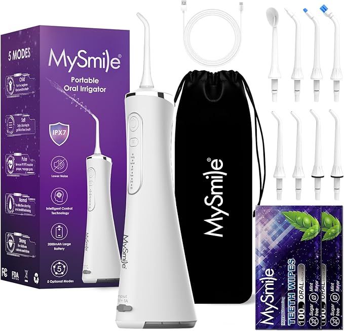 MySmile LP211 Water Flosser Cordless for Teeth, 5 Modes Portable Oral Irrigator, 260ML Water Dental Picks for Sensitive Teeth Cleaning, IPX7 Travel Rechargeable Water Flossing &2 Teeth Wipes