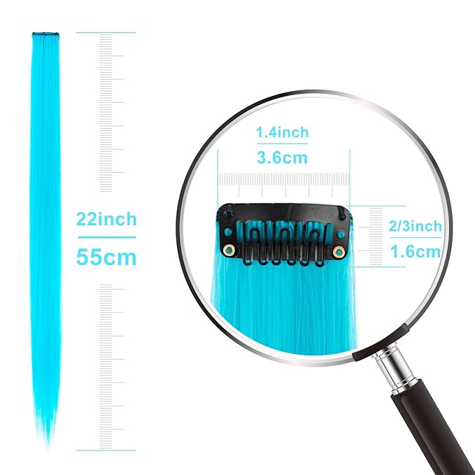 22 Inch Colored Hair Extensions 10 PCS, Colorful Party Highlights Clip in Synthetic Hair Extensions, Sky Blue/Light Pink Hairpieces for Women Party Cosplay Gifts