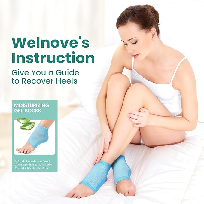 Welnove Moisturizing Heel Socks - 2 Pairs Aloe Vera Extract Infused Gel Lining for Dry Feet - Cracked Heel Repair Treatment - Cotton Socks for Women Men Foot Care (Regular Sizes)