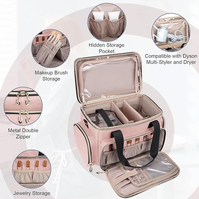 GDNasist Large Makeup Bag, Portable Travel Makeup Bag Organizer for Women Girls with 2 Removable Pouches & Detachable Dividers, Cosmetic Travel Bag, Toiletry Bag for Makeup and Hair Supplies Pink