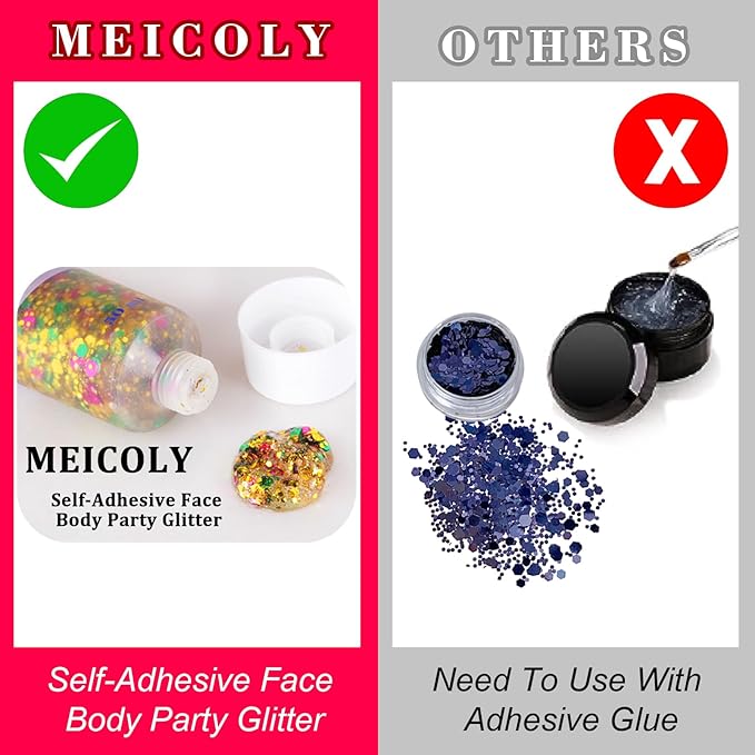 MEICOLY Mardi Gras Face Body Glitter Gel,Skin-Friendly Holographic Hair Glitter for Kids & Adults, Music Festival Concert Rave Makeup,Gold Green Purple Mixed Chunky Glitter for Mardi Gras Carnival
