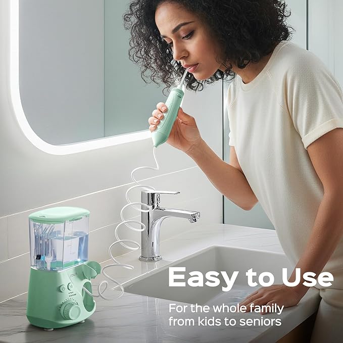 COSLUS Excellent Water Flosser for Teeth Cleaning: 12 Pressure Settings & 2 Modes for Orthodontic, Braces, Sensitive - Patented Storage, 5 Jet Tips and 600ML Tank for Family, Home Use, Green, E2