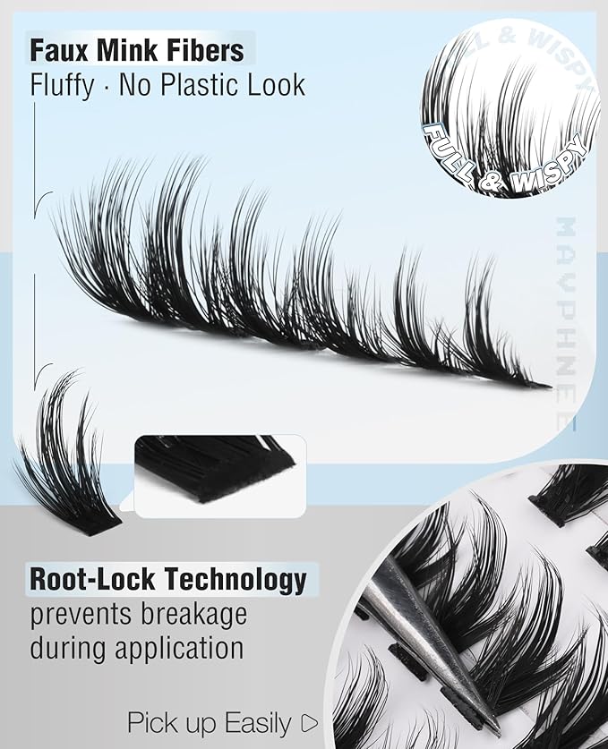 Natural Hybrid Lash Clusters 10-15MM Cluster Lashes Fluffy Eyelash Extensions Wispy Faux Mink Lashes Clusters Soft Individual Lashes 204Pcs Eyelash Clusters D Curve DIY Lashes Clusters