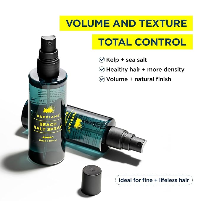 Ruffians Beach Salt Spray (4.23 Fl Oz / 125 ML) Sea Salt Spray for Men, Texturizing and Volumizing Mist for Hydrated, Shiny Hair, Texture Spray for Fine Hair, Natural Finish