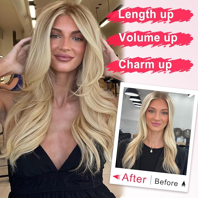 ALXNAN Long Wavy Layered Hair Extensions for Women, Clip in Hair Extensions Clip Ins Soft Full Head Synthetic Hairpieces 20 Inch Light Blonde