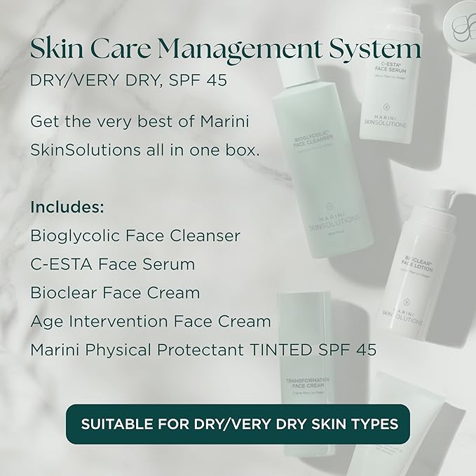Marini SkinSolutions Skin Care Management System, Dry to Very Dry Skin with Physical Protectant Tinted SPF 45 - Cruelty Free - Made in The USA