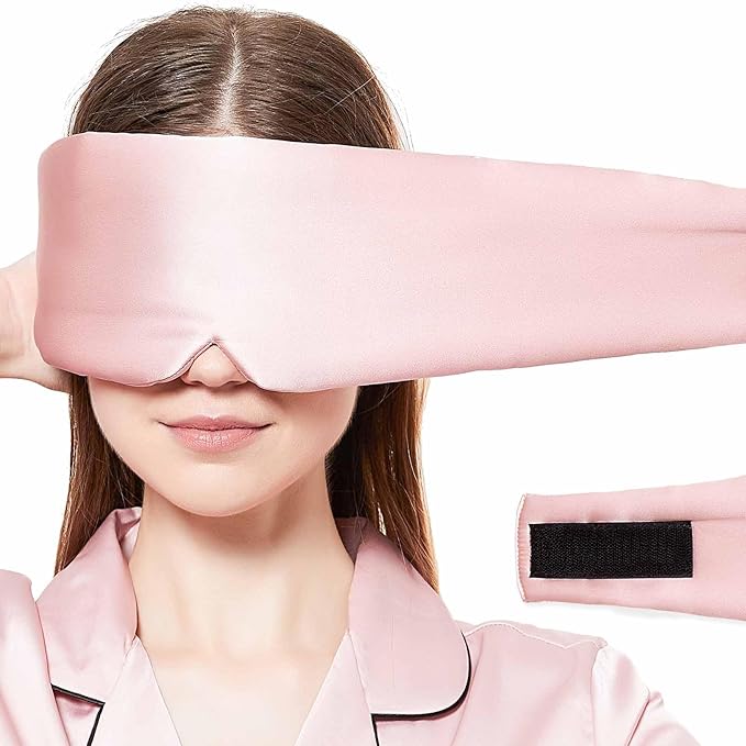 SOLZEK Silk Sleeping Mask Large Wrap-Around Blindfold with Adjustable Velcro Soft Blackout Eye Mask Women (Pink)