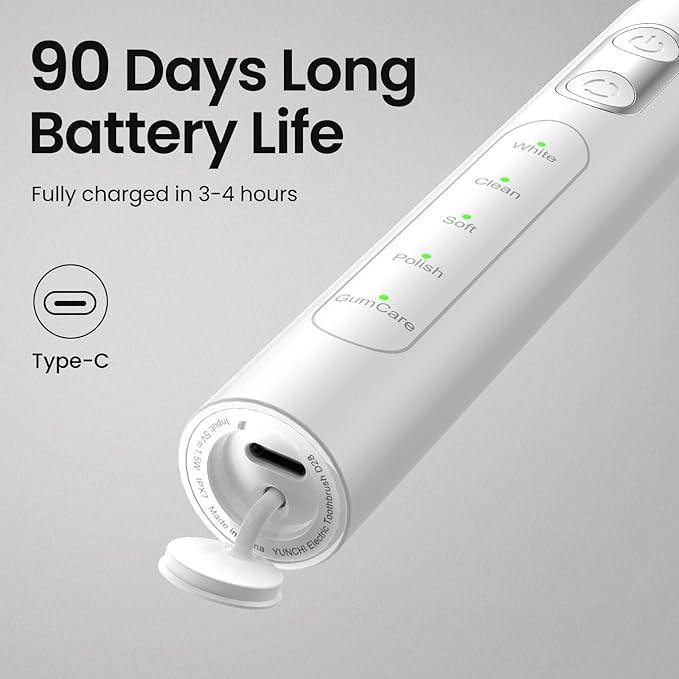 YUNCHI Electric Toothbrush Birthday/Valentine Plastic 8 Heads 24-Mo Deep Cleans Gentle Gums Removes Stains 3Hr USB-C 90d 2-Min Timer/30s IPX7 - White