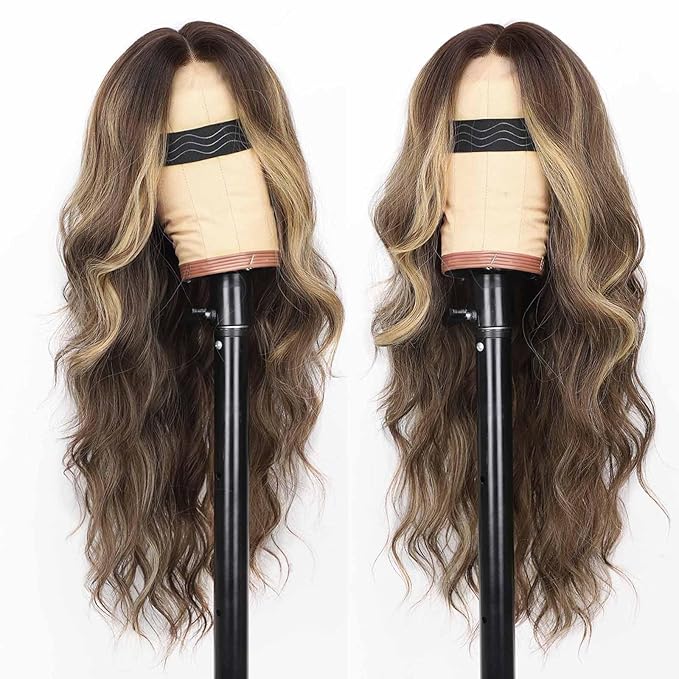 AISI HAIR Mocha Brown Balayage wig Wig for Women, Long Wavy Lace Hairline Middle Part Synthetic Heat Resistant Wig for Daily Party-26 Inch