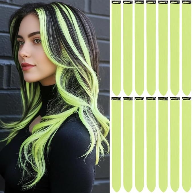 Yellow Hair Extensions 14 PCS, 22 In Colored Clip in Hair Extensions Neon Party Highlights, Colorful Synthetic Hairpieces for Girls Women Kids Cosplay Gift(Light Yellow)